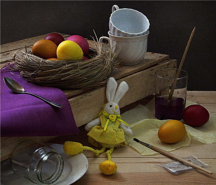 Pasqua Still Life ღ, colore, Pasqua, coppa, uova, primavera, coniglietto, natura morta, decorazione, armonia Sfondo HD
