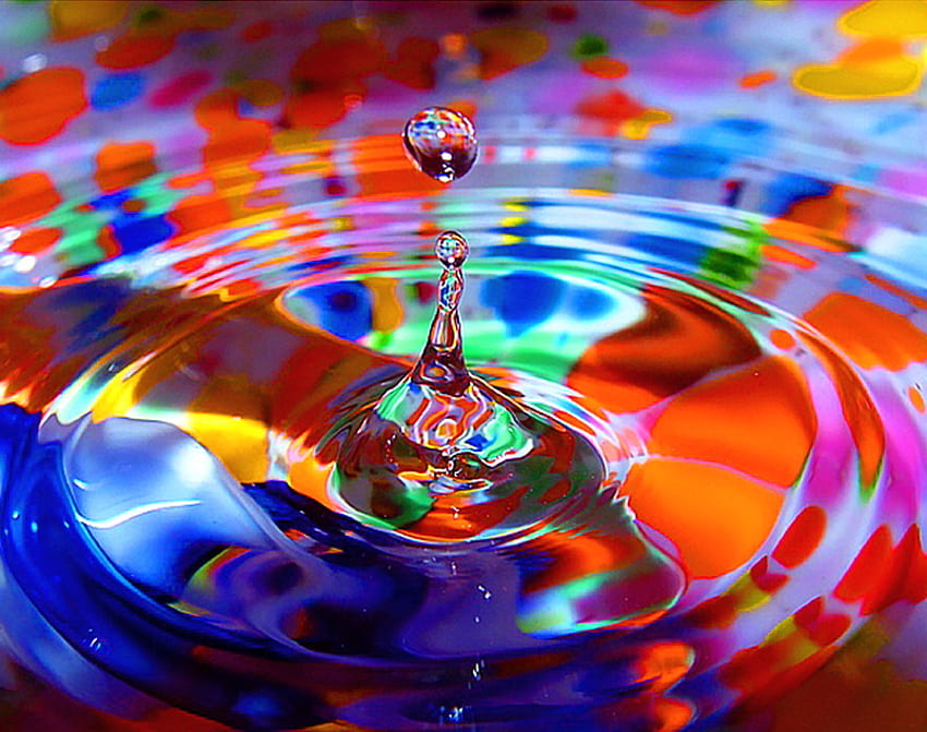 Splash, blue, orange, liquid, purple, drop, ripples, green, yellow, red HD wallpaper
