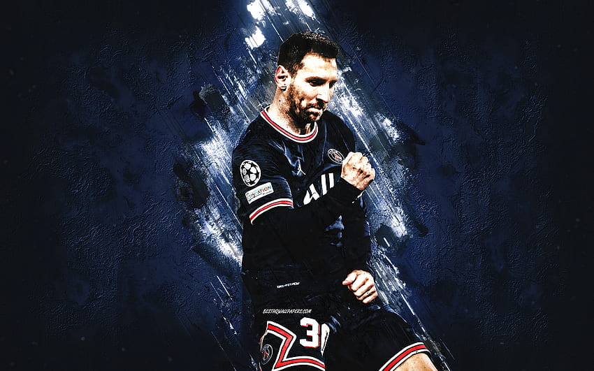 Lionel Messi, PSG, argentyński piłkarz, gol, Ligue 1, niebieskie kamienne tło, piłka nożna, Paris Saint-Germain, Francja Tapeta HD