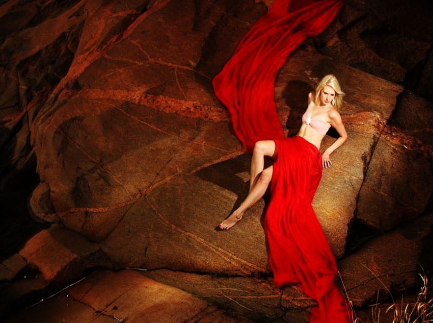 RED VEIL ON BIG ROCK.., red, veil, cave, woman, rock HD wallpaper