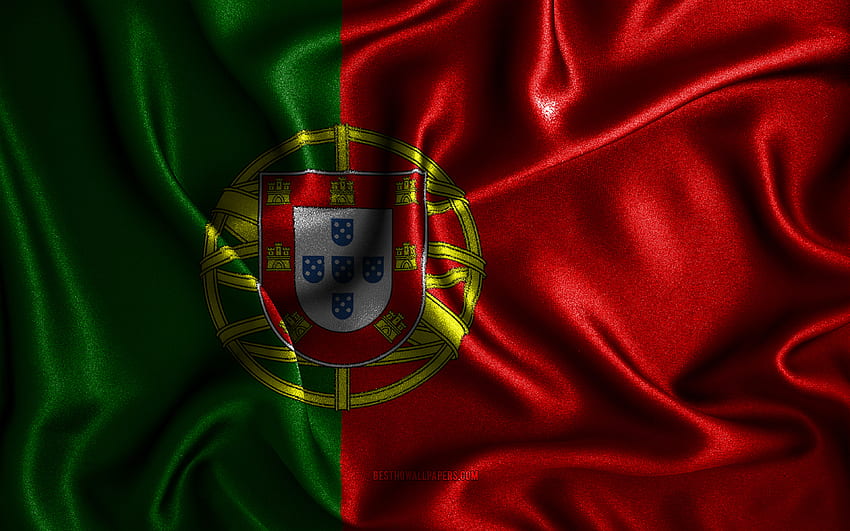 Portugalska flaga, jedwabne faliste flagi, kraje europejskie, symbole narodowe, flaga Portugalii, flagi z tkaniny, flaga Portugalii, sztuka 3D, Portugalia, Europa, Portugalia Flaga 3D dla z rozdzielczością. Wysoki Tapeta HD