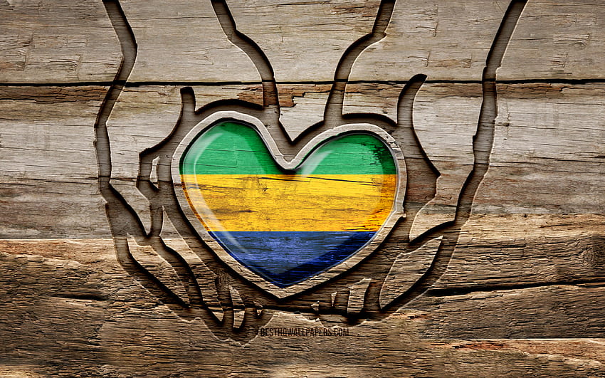 Kocham Gabon, drewniane rzeźbione ręce, Dzień Gabonu, Flaga Gabonu, Flaga Gabonu, Zadbaj o Gabon, kreatywny, Flaga Gabonu, Flaga Gabonu w ręku, rzeźbienie w drewnie, kraje afrykańskie, Gabon Tapeta HD
