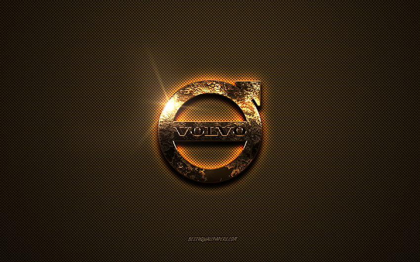 Złote logo Volvo, grafika, brązowe metalowe tło, emblemat Volvo, logo Volvo, marki, Volvo Tapeta HD