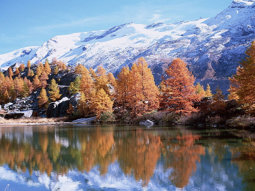 ธรรมชาติ ต้นไม้ ภูเขา ฤดูใบไม้ร่วง ดวงอาทิตย์ ทะเลสาบ การสะท้อน วอลล์เปเปอร์ HD