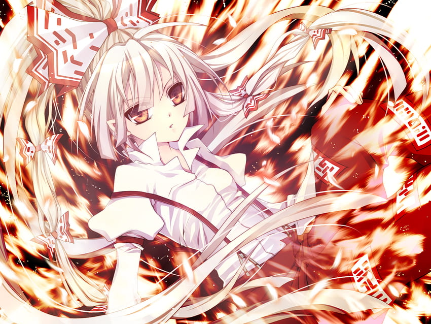 Mokou, Fujiwara no Mokou, weißes Haar, Bänder, Touhou, rote Augen, langes Haar, Feuer HD-Hintergrundbild