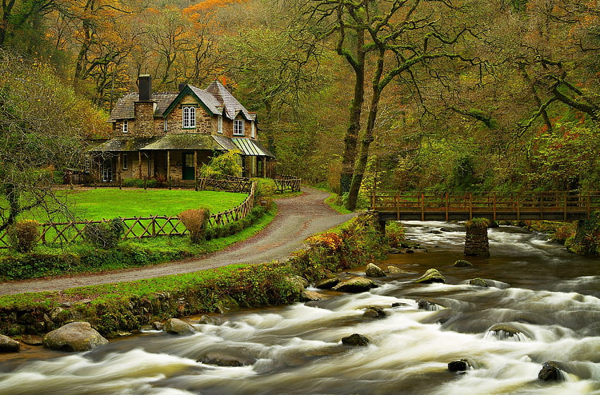 beautiful house, landscape, river, country, house HD wallpaper