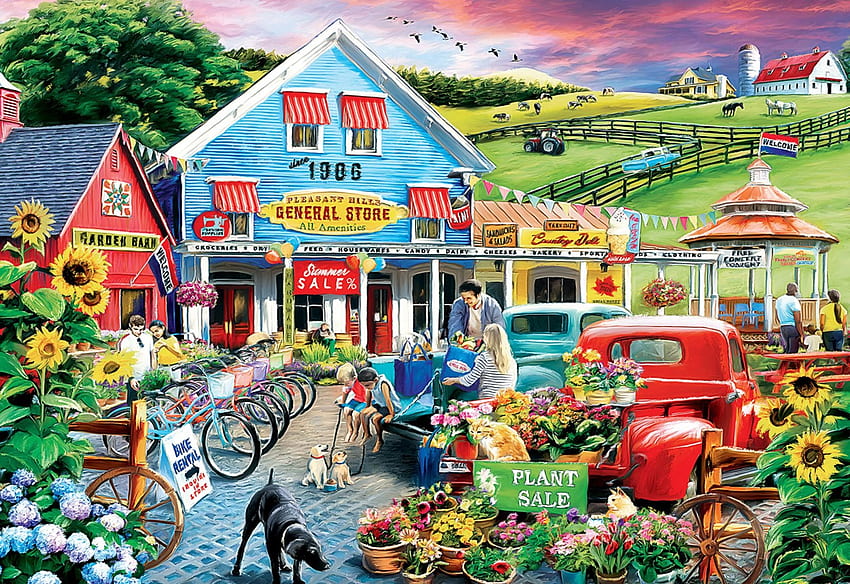 Pleasant Hills General Store, bicycles, painting, cars, house, cats, dogs, flowers HD wallpaper
