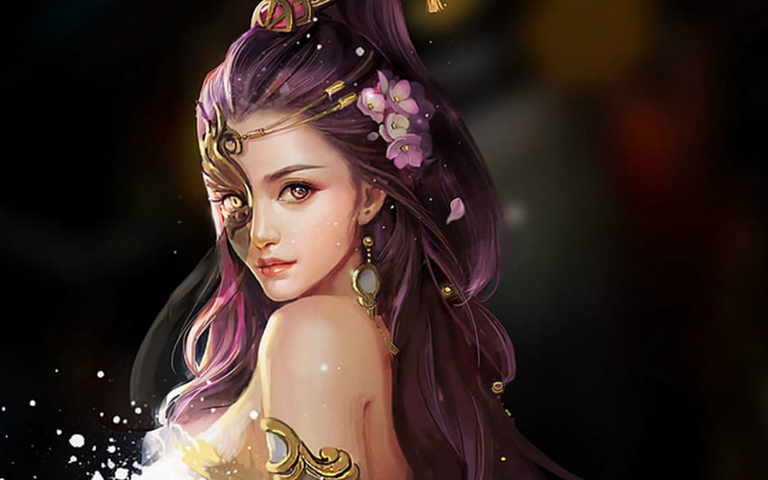 Fantasy girl, jewel, pink, frumusete, asian, fantasy, flower, girl, luminos HD wallpaper