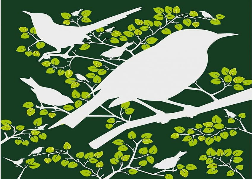 Birds on Green, branches, art, white silhouette bird, green flowers HD wallpaper