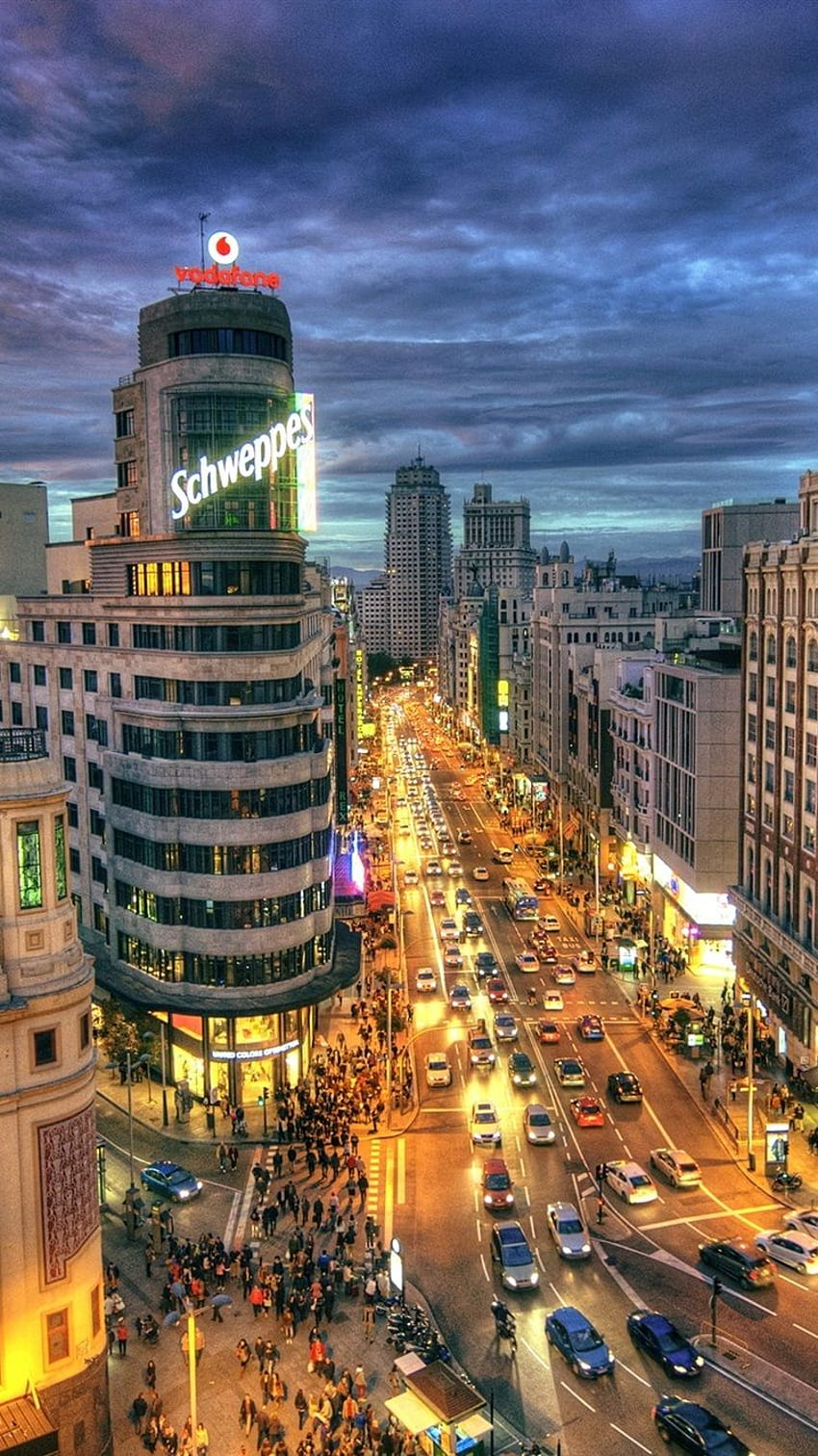 España, Madrid, Calle de la ciudad, Carretera, Edificios, Noche, Luces IPhone 8 7 6 6S fondo de pantalla del teléfono