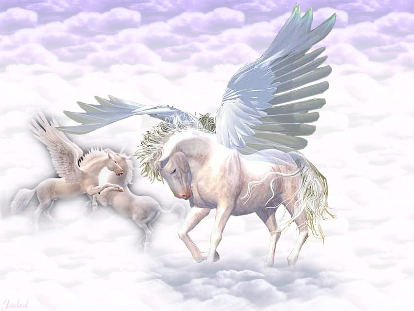 Pegasus and Unicorn in the Sky, horse, greek mythology, graphics, pegasus, fantasy, stallion, abstract, unicorn, sky, unicornio, fantasy horse HD wallpaper