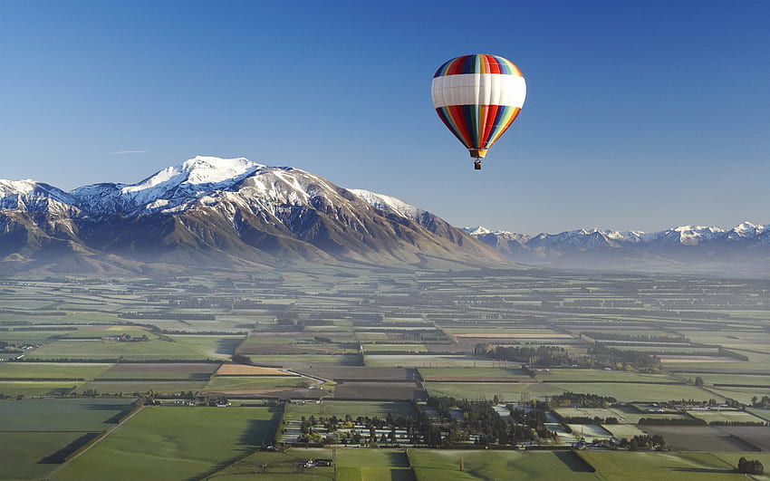 hot air ballooning, aerial, snowypeaks, new zealand, balloon, farmland HD wallpaper