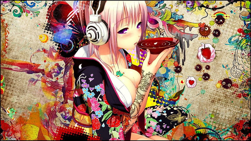 アニメの女の子のブロンドの髪と紫色の目、タトゥーとヘッドフォン、アニメタトゥー 高画質の壁紙