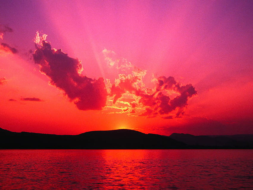 ฤดูหนาว 3 มิติ ชมพู แดง ท้องฟ้า น้ำ ดวงอาทิตย์ ภูเขา วอลล์เปเปอร์ HD