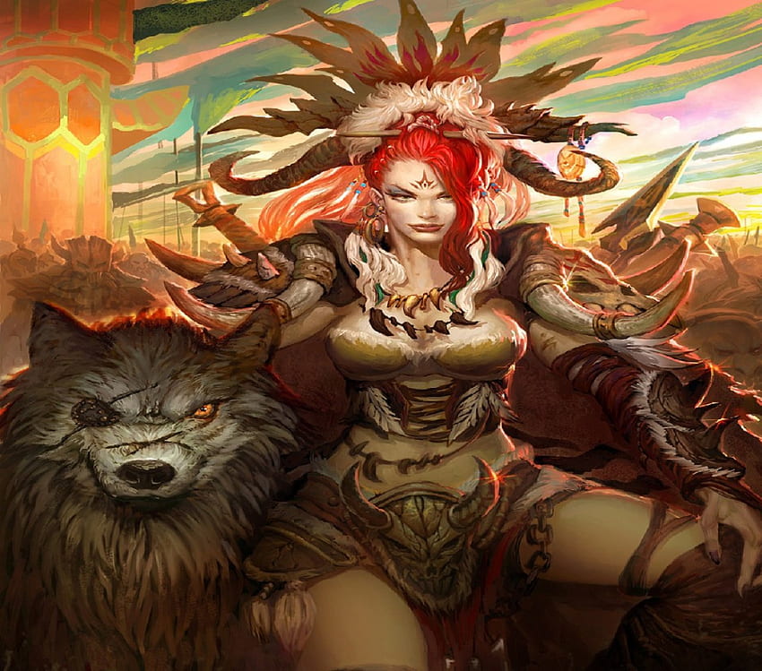 Queen Of The Barbarians, fantasy, red head, army, wolf, woman HD wallpaper