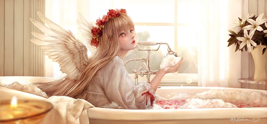 นางฟ้า อ่างอาบน้ำ จินตนาการ สีเหลือง เด็กผู้หญิง มู่ คิ มูเกะ วอลล์เปเปอร์ HD