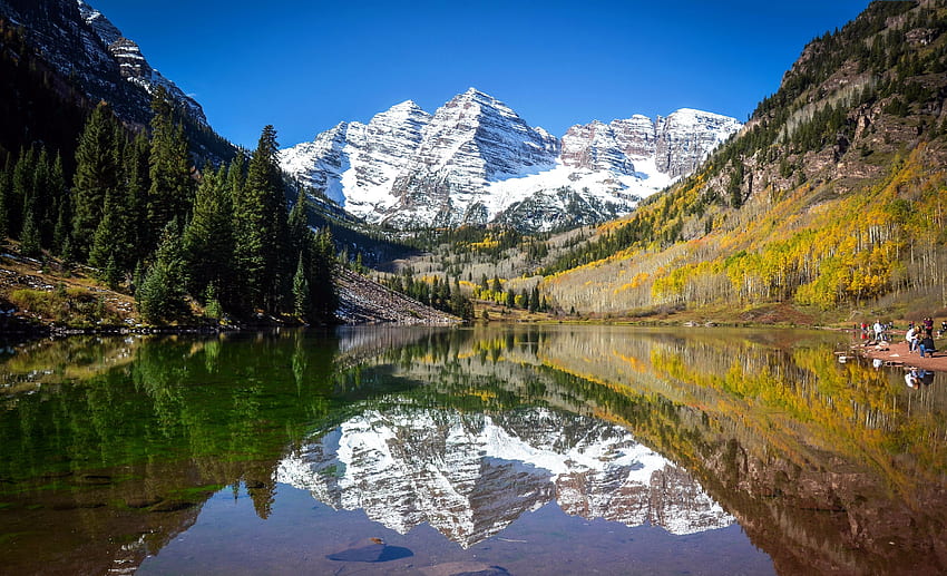 Lake mountains reflection forest snow forest Maroon Bells Colorado HD wallpaper