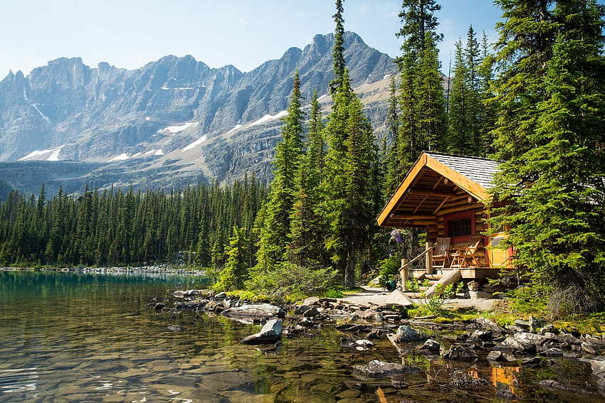 Rocky Mountain Cabin, Lake O'Hara, Canada, trees, yoho national park, water, rocks, British Columbia HD wallpaper