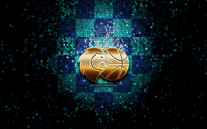 CB Breogan, glitter logo, ACB, blue checkered background, spanish basketball team, CB Breogan logo, mosaic art, basketball, Rio Breogan HD wallpaper