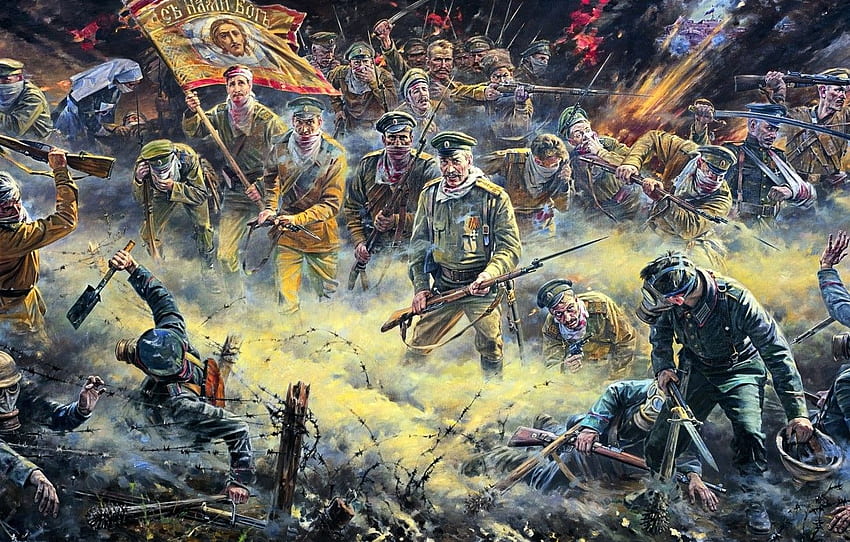 防毒マスク、有刺鉄線、第一次世界大戦、デッドの攻撃、ロシア語、ドイツ語 WW1 高画質の壁紙