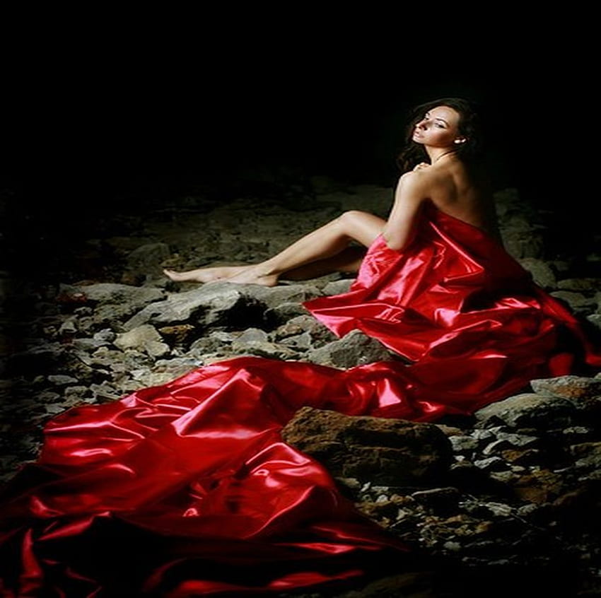 Model in night, red, stone, dress, rocks, modeling, female HD wallpaper