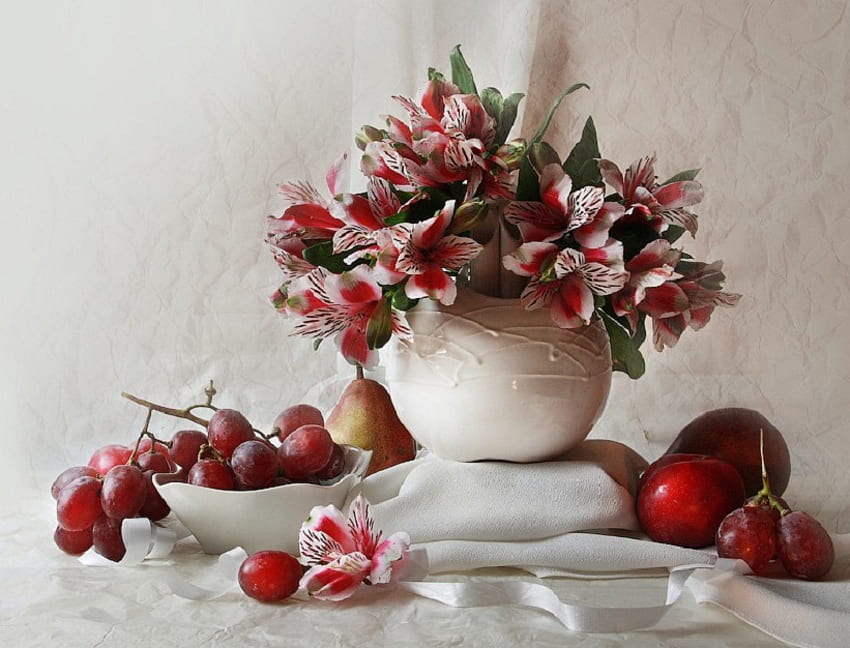 Red and white, white, grapes, vase, romance, plums, nice, silk, still life, pear, lilly, pretty, petals, red, flowers, dish, lillies HD wallpaper