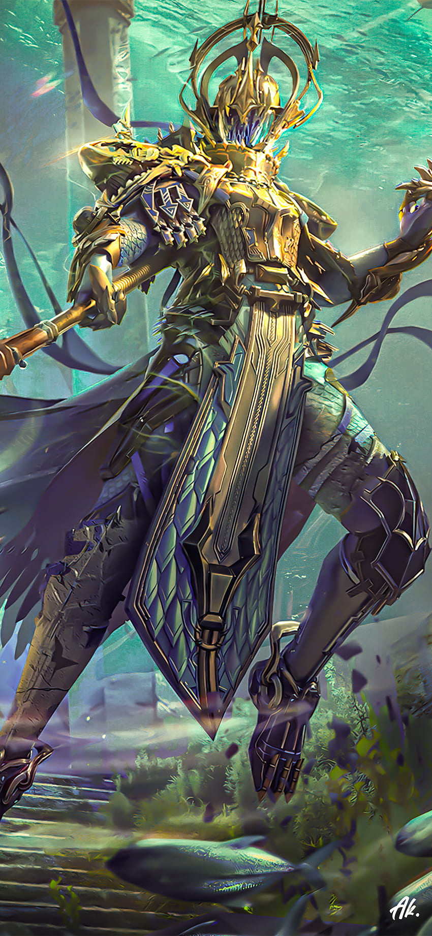 Poseidon X Suit, action_figure, art, blue, trend, golden, skin, staff HD phone wallpaper
