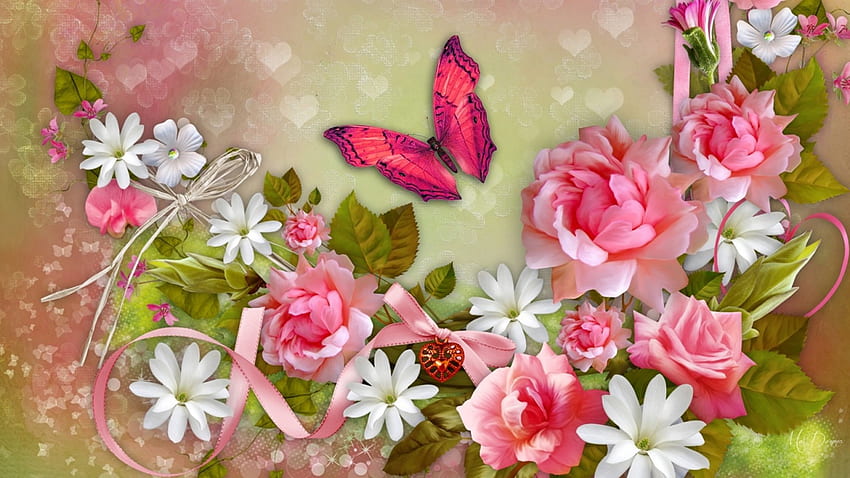 Красива цветна смес, plumeria, frangipani, божури, панделка, женствена, пролет, лято, розово, листа, пеперуда, цветя HD тапет