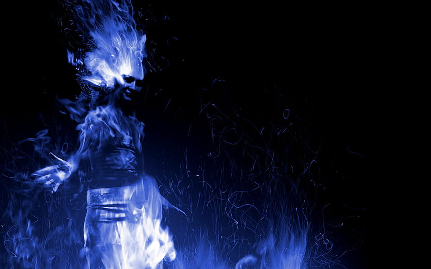 blue flame (WDS), blue, fantasy, flame, , fire, woman HD wallpaper