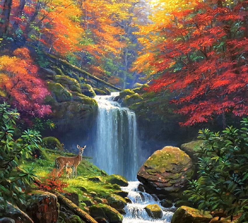 ミスティック フォールズ II、滝、夢のアトラクション、色、絵画、滝、愛の四季、葉、鹿、木、秋、自然、秋の季節 高画質の壁紙