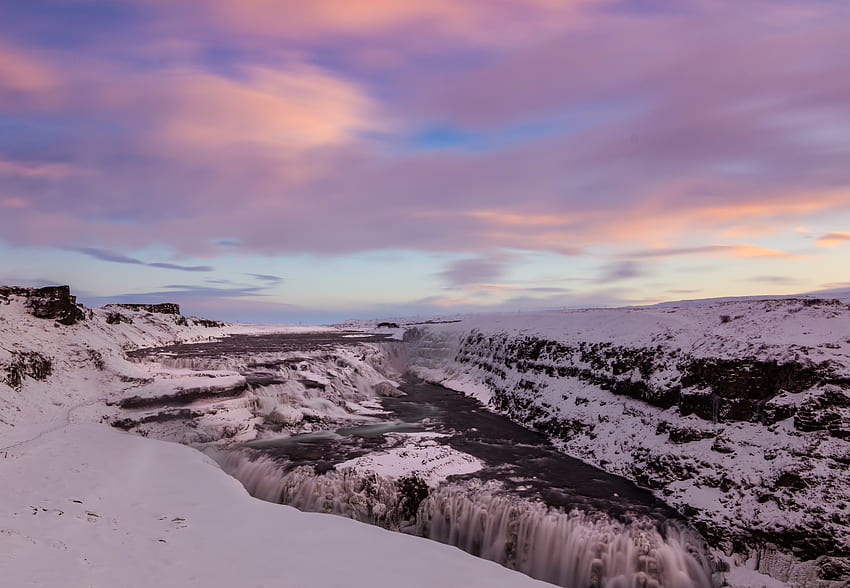 Winter, Nature, Sunset, Sky, Ice, Snow, Waterfall HD wallpaper
