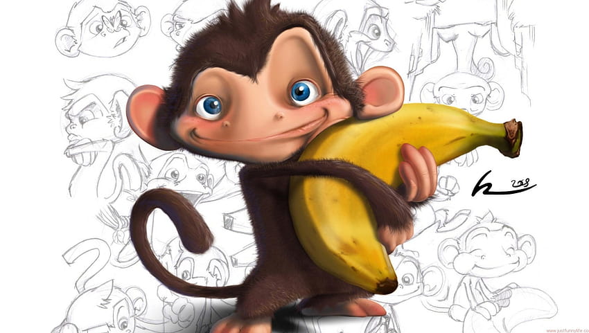 Macaco sorridente, banana, engraçado, macaco, amarelo papel de parede HD