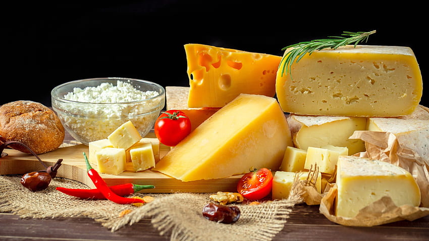 Cheese, dairy products, tomato, pepper U HD wallpaper