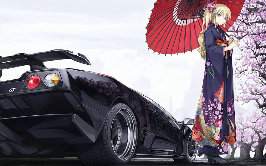 Anime, Sakura, Mobil, Mesin, Gadis, Payung, Kimono, Klasik Wallpaper HD