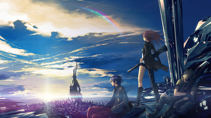 Anime girl and boy, future city, rainbow U HD wallpaper