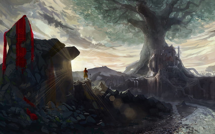 Fantasy World, Giant Tree, Sword, Woman, Edge, Waterfall, River for MacBook Pro 15 inch HD wallpaper