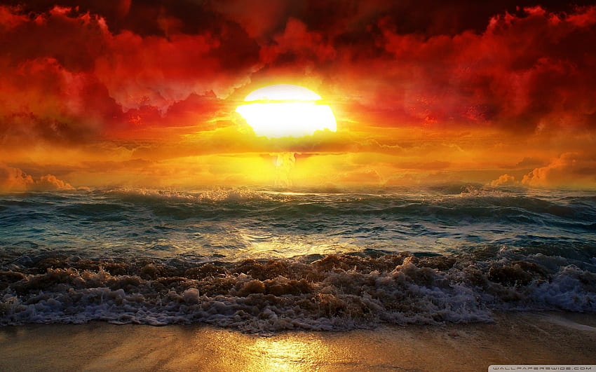 Mother nature, sea, kiss, nature, fire, sunset, beach HD wallpaper