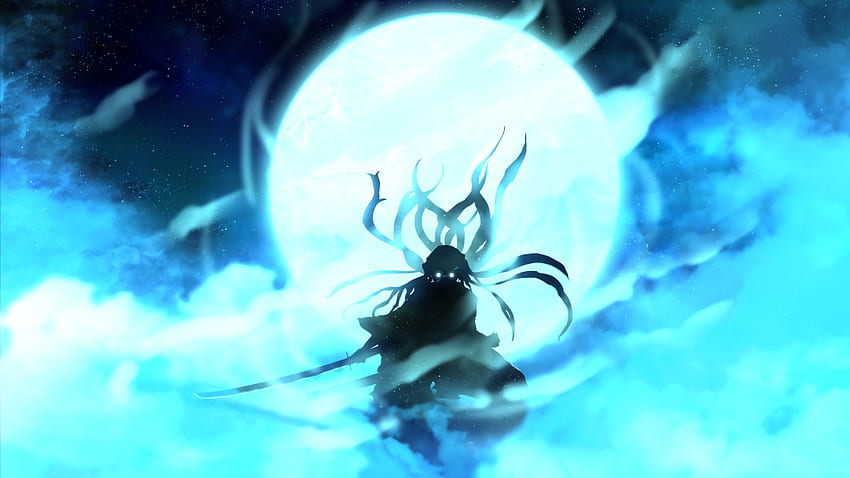 Demon Slayer Long Hair Muichiro Tokito en vista trasera con de luna azul y cielo oscuro con estrellas Anime fondo de pantalla
