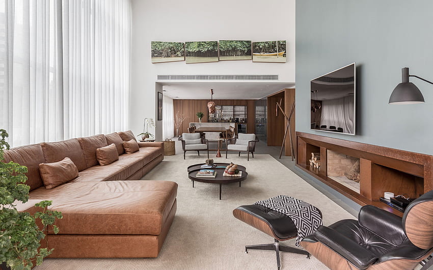 стилен интериорен дизайн на хола, кафяв кожен диван, модерен интериорен дизайн, кухня, хол, идея за хол, бели стени в хола HD тапет