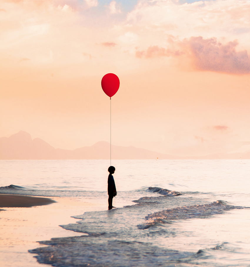 Kid with red ballon, at seashore, art HD phone wallpaper