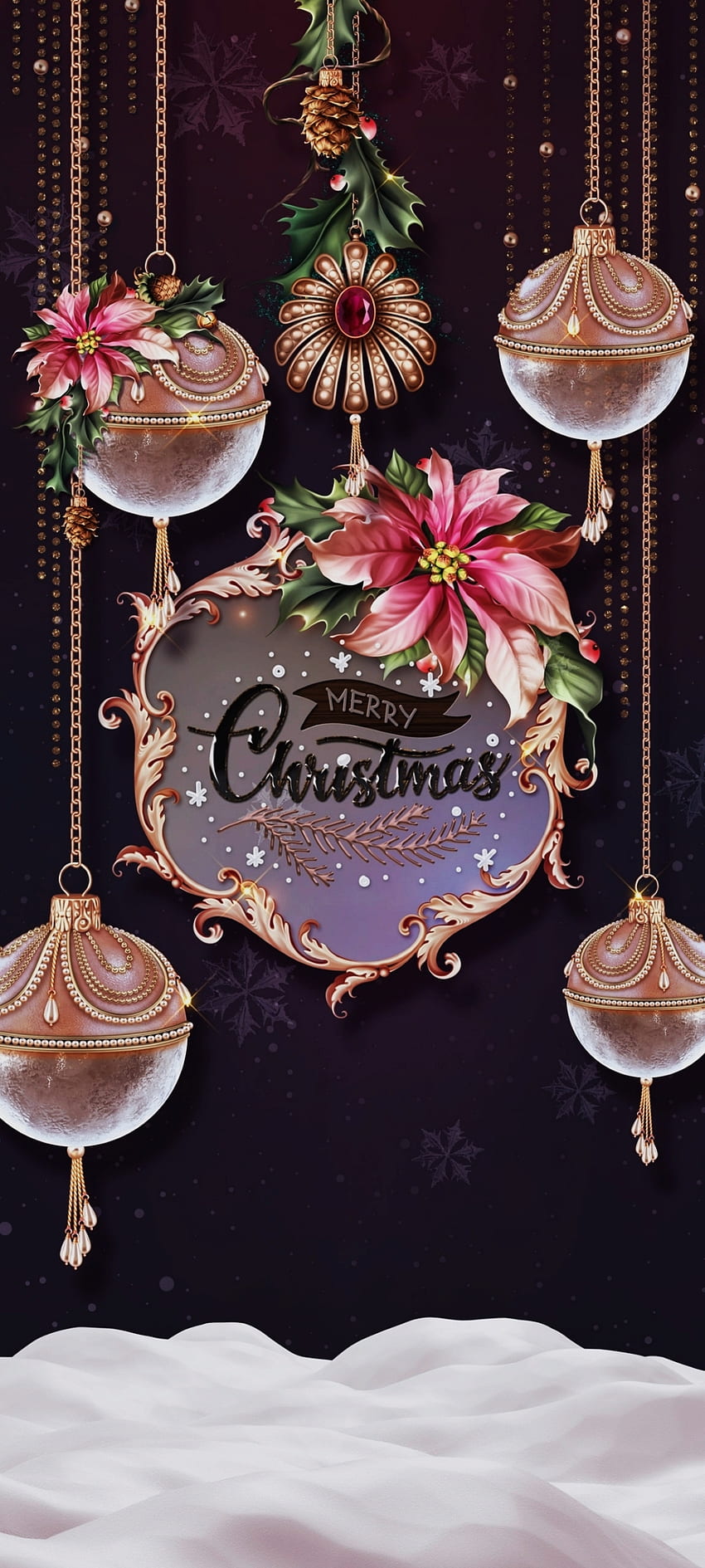 Weihnachtsdekor, Gold, Feiertagsverzierung, Diamant, Blumen, Rosa, Feiertag, Bälle, Festival, Luxus HD-Handy-Hintergrundbild