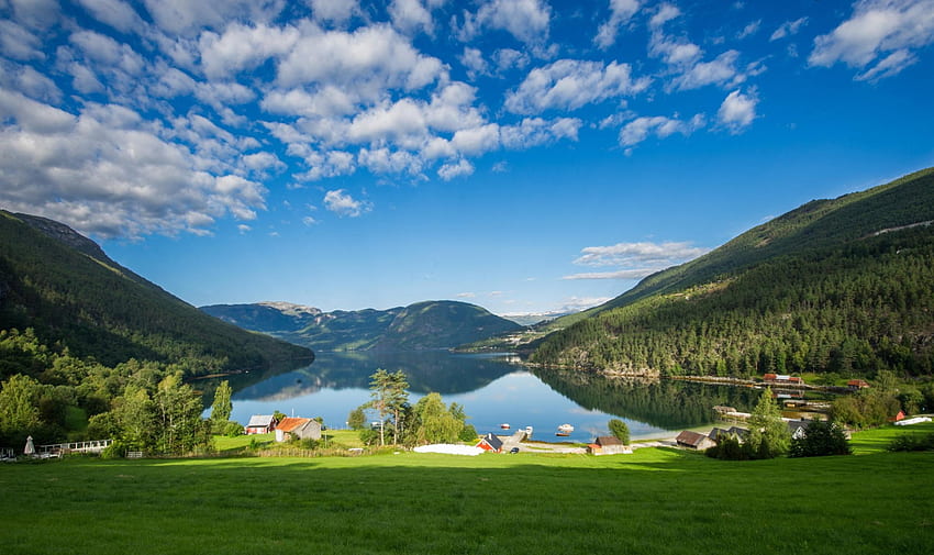 Sognefjorden In Summer, Norway, Artic, bay, clouds, beautiful, grass, forest, fjord, village HD wallpaper