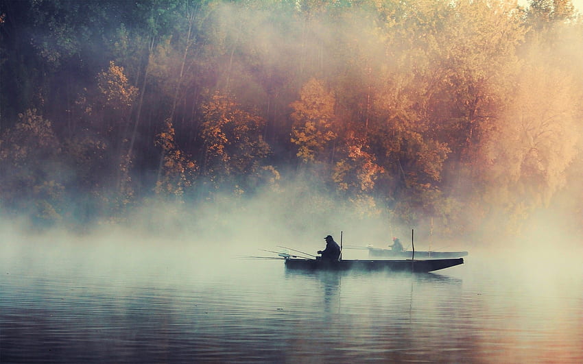 water, Boat, Trees, Lake, Fishing, Smoke / and Mobile Background HD wallpaper