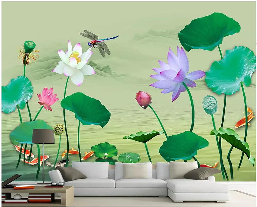 WDBH 3D Custom Mural Pond Lotus Carp Dragonfly Living Room Home Decor 3D Wall Murals For Walls 3 D De Wdbh, US$ 24,88 papel de parede HD