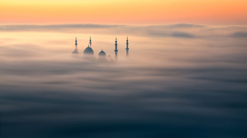 Sheikh Zayed Mosque, Abu Dhabi, Sunrise, Fog, United Arab, 5760 X 3240 HD wallpaper