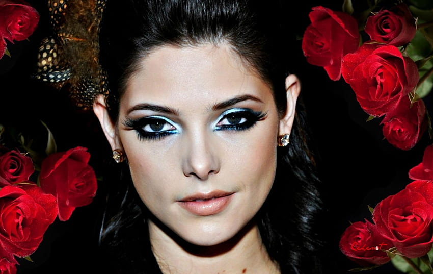 Ashley Greene, by cehenot, black, feathers, girl, actress, beauty, woman, rose, make-up, flower, red, face HD wallpaper