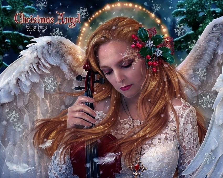 Christmas angel, wings, craciun, estherpucheart, esther puche art, angel, girl, fantasy, christmas, luminos HD wallpaper