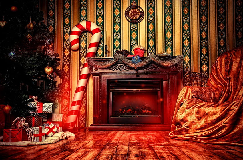 Bożonarodzeniowy dom, przytulny, kominek, ładny, hol, wakacje, ciepło, nowy rok, wesołych świąt, nastrój, dom, prezenty, piękny, wnętrze, drzewo, dekoracja, ładny, boże narodzenie, czerwony, śliczny, dom Tapeta HD