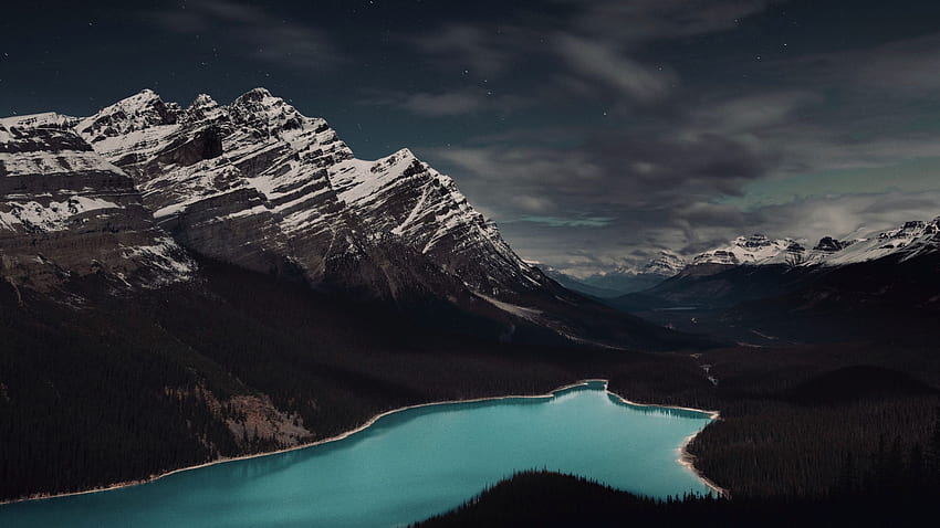 планини, езеро, гора, облаци, пейзаж фон 16:9, 2560X1440 Канадски Скалисти планини HD тапет