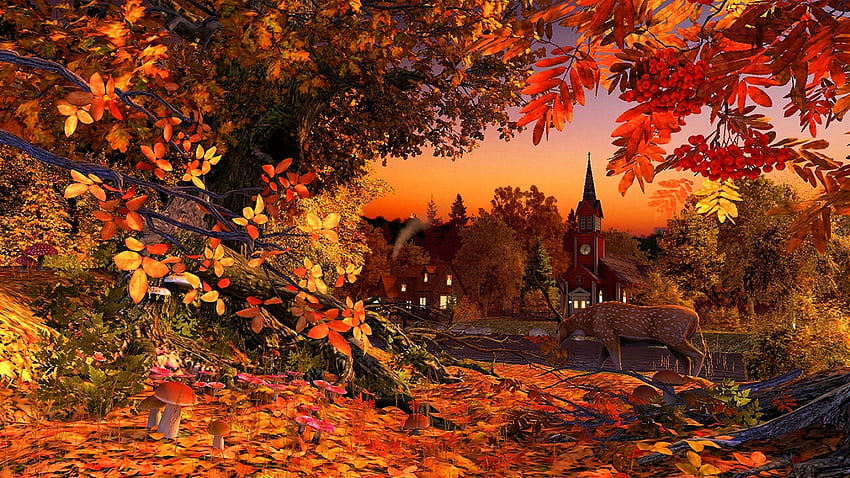 秋の色、葉、教会、家、木、村 高画質の壁紙